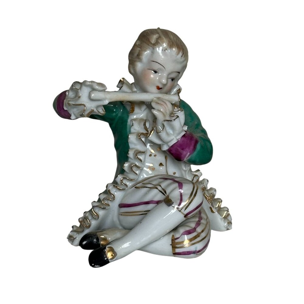 Vintage Porcelain Flute Player Figurine – Hand-Painted Gold Trim Rococo Musician